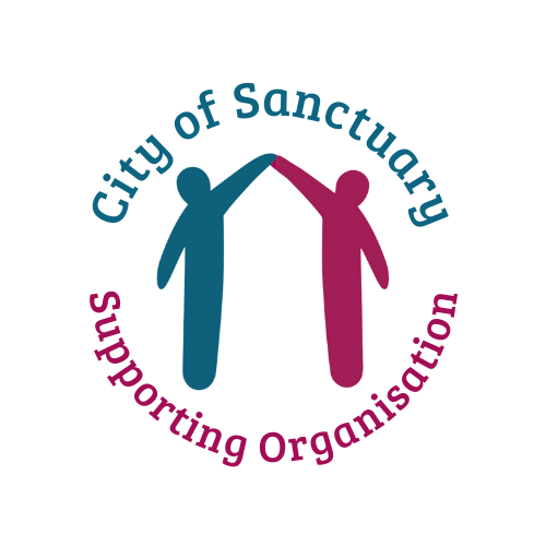 The logo for the City of Sanctuary Project: two human figures, one red and one blue, joining hands